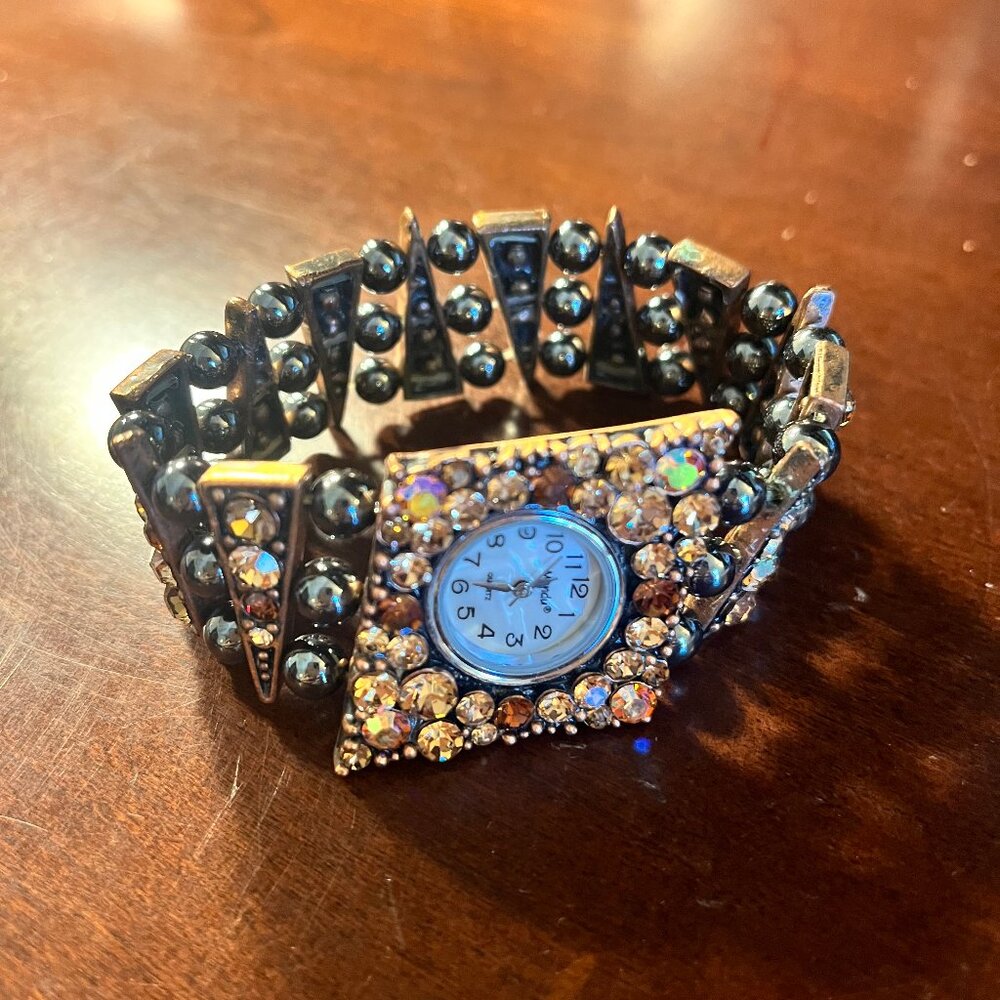 Mondu Ladies Bronze and Crystal Rhinestone Stretch Watch Bracelet